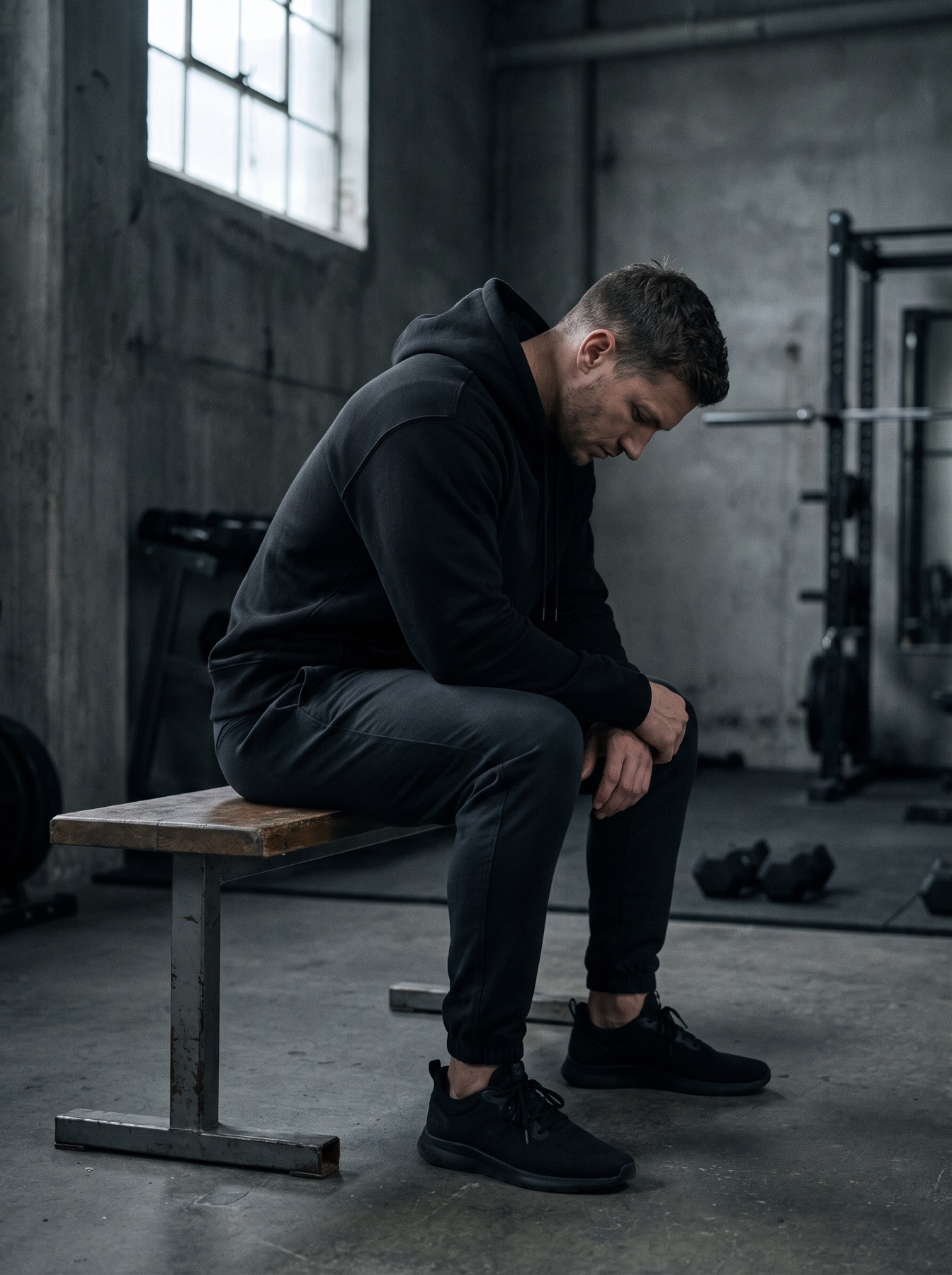 A lone figure training in a concrete gym, hood up